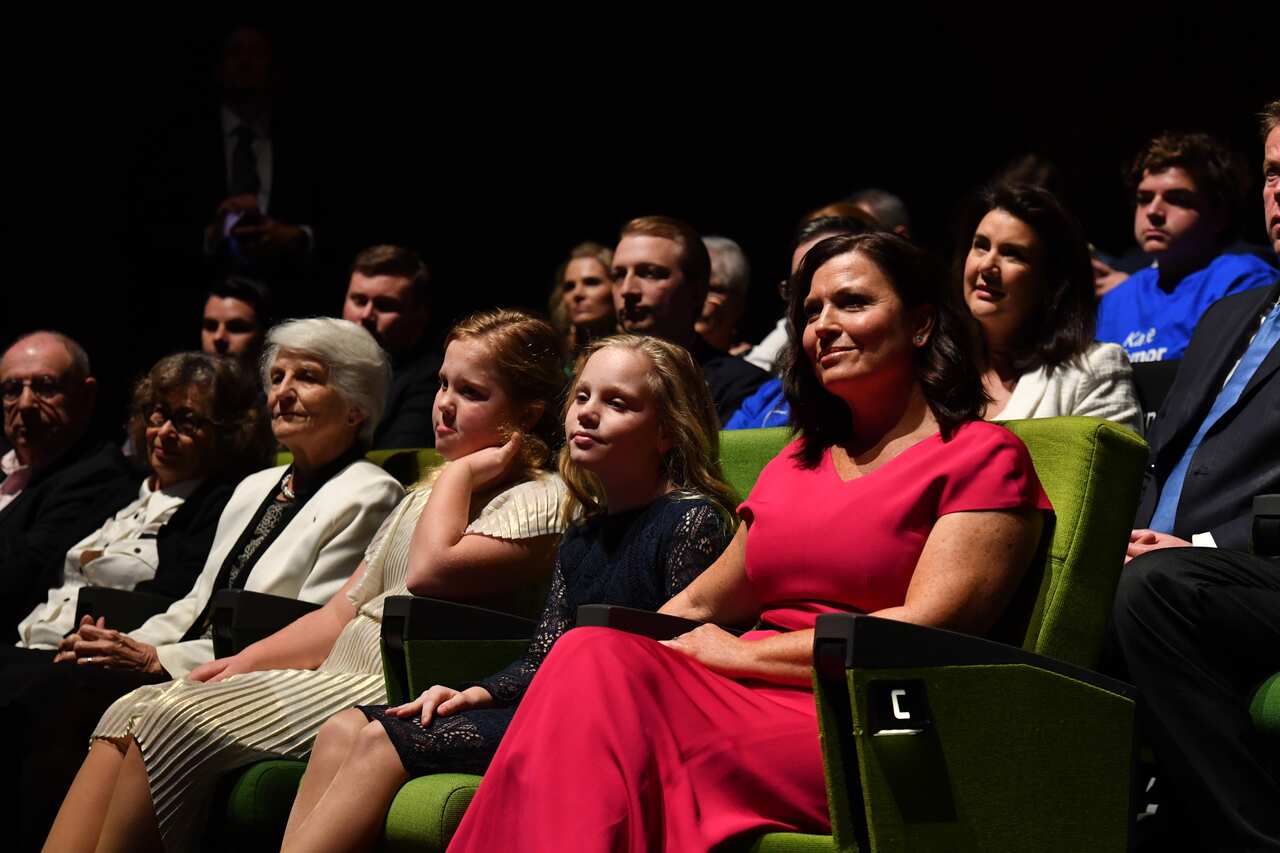 Wife Jenny (right), daughters Lily and Abbey and mother Marion (left) watch Prime Minister Scott Morrison during the Liberal Party campaign launch for the 2019.