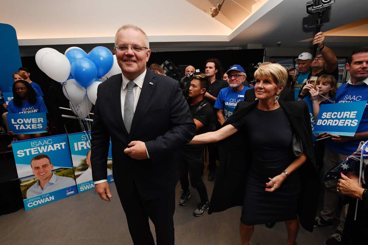 Prime Minister Scott Morrison and former deputy leader Julie Bishop at the West Australian Liberal Party campaign rally in Perth, Monday, May 13, 2019. (AAP Image/Mick Tsikas) NO ARCHIVING