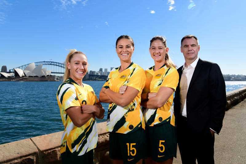 Matildas players (L-R) Gemma Simon, Emily Gielnick, Laura Alleyway and Matilda's head coach Ante Milicic