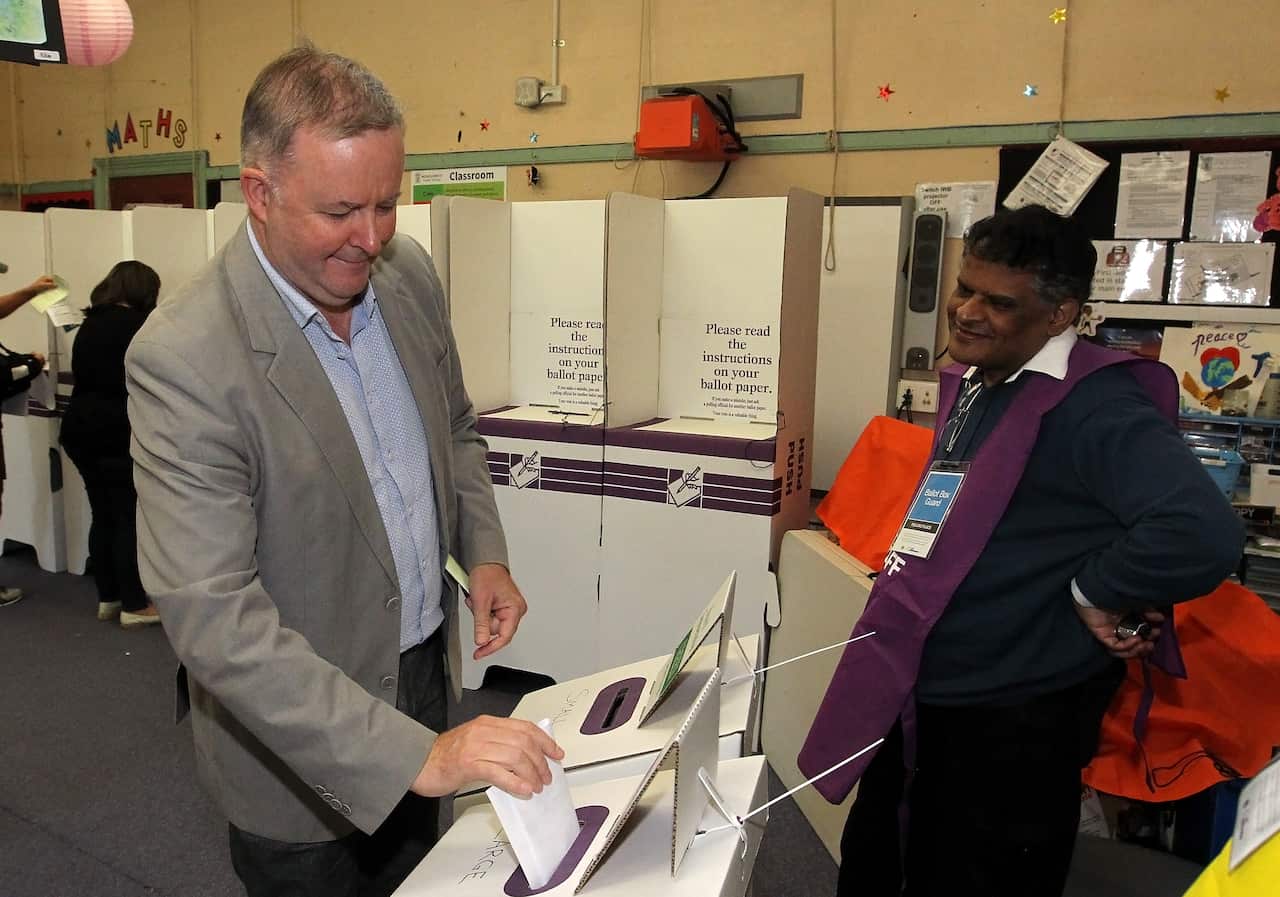 Shadow Infrastructure Minister and Member for Grayndler Anthony Albanese casts his vote at Nicholson Street Public School in Balmain, Sydney, Saturday, May 18, 2019. (AAP Image/Danny Casey) NO ARCHIVING