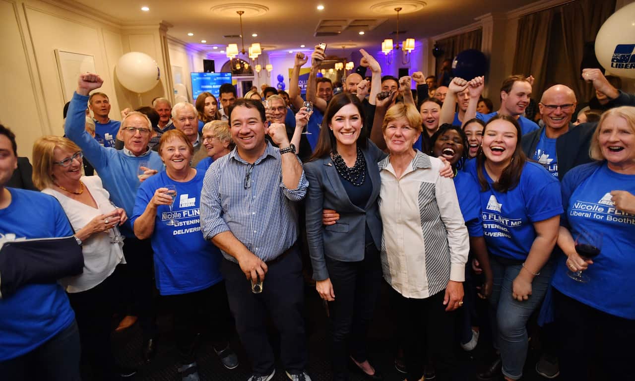 Boothby MP Nicolle Flint with supporters on election night.