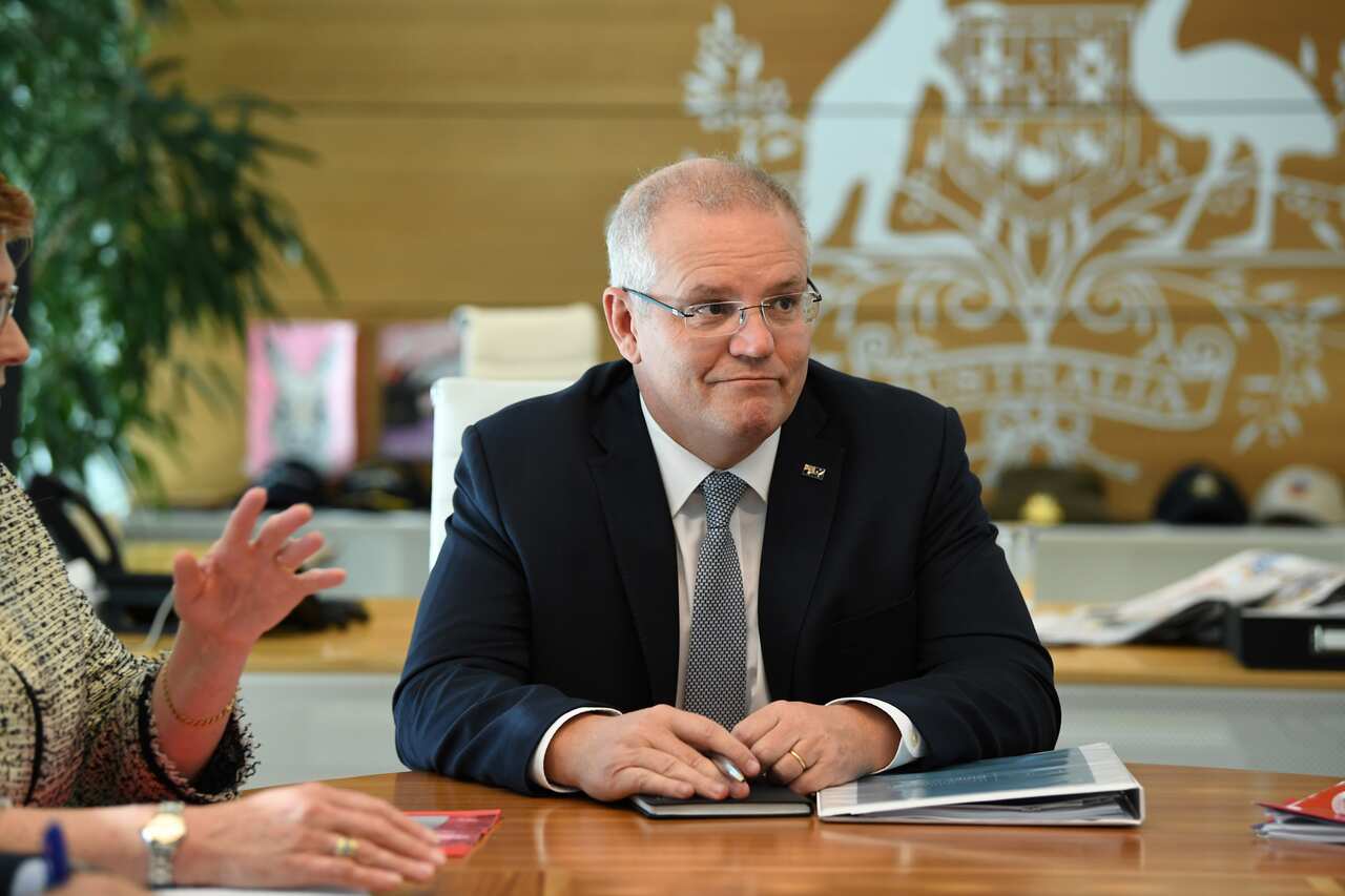 Prime Minister Scott Morrison and Foreign Minister Marise Payne during a meeting at the Commonwealth Parliament Offices in Sydney, Monday, May 20, 2019. (AAP Image/Joel Carrett) NO ARCHIVING