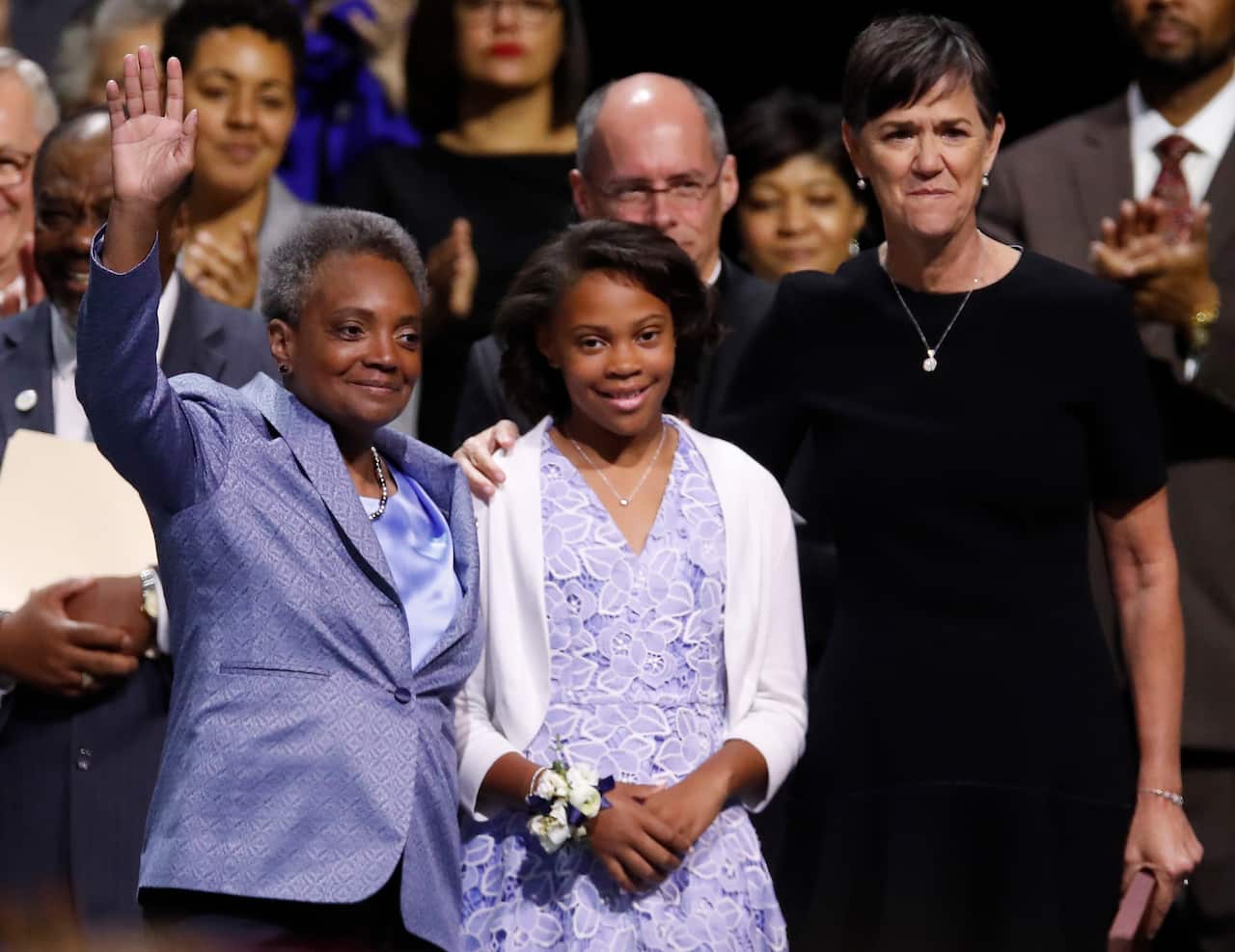 Mayor of Chicago Lori Lightfoot, left, is joined by her daughter Vivian and her spouse Amy Eshleman.