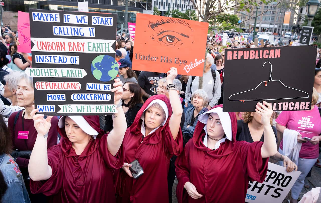 People participate in a pro-abortion rights rally in New York's Foley Square in May.