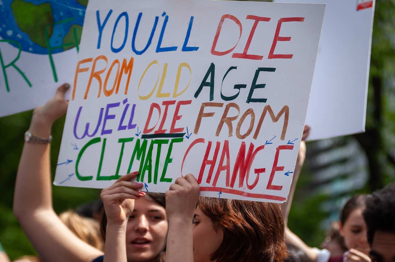Students gathered in Columbus Circle in New York City demanding Mayor Bill de Blasio declares a climate emergency. 
