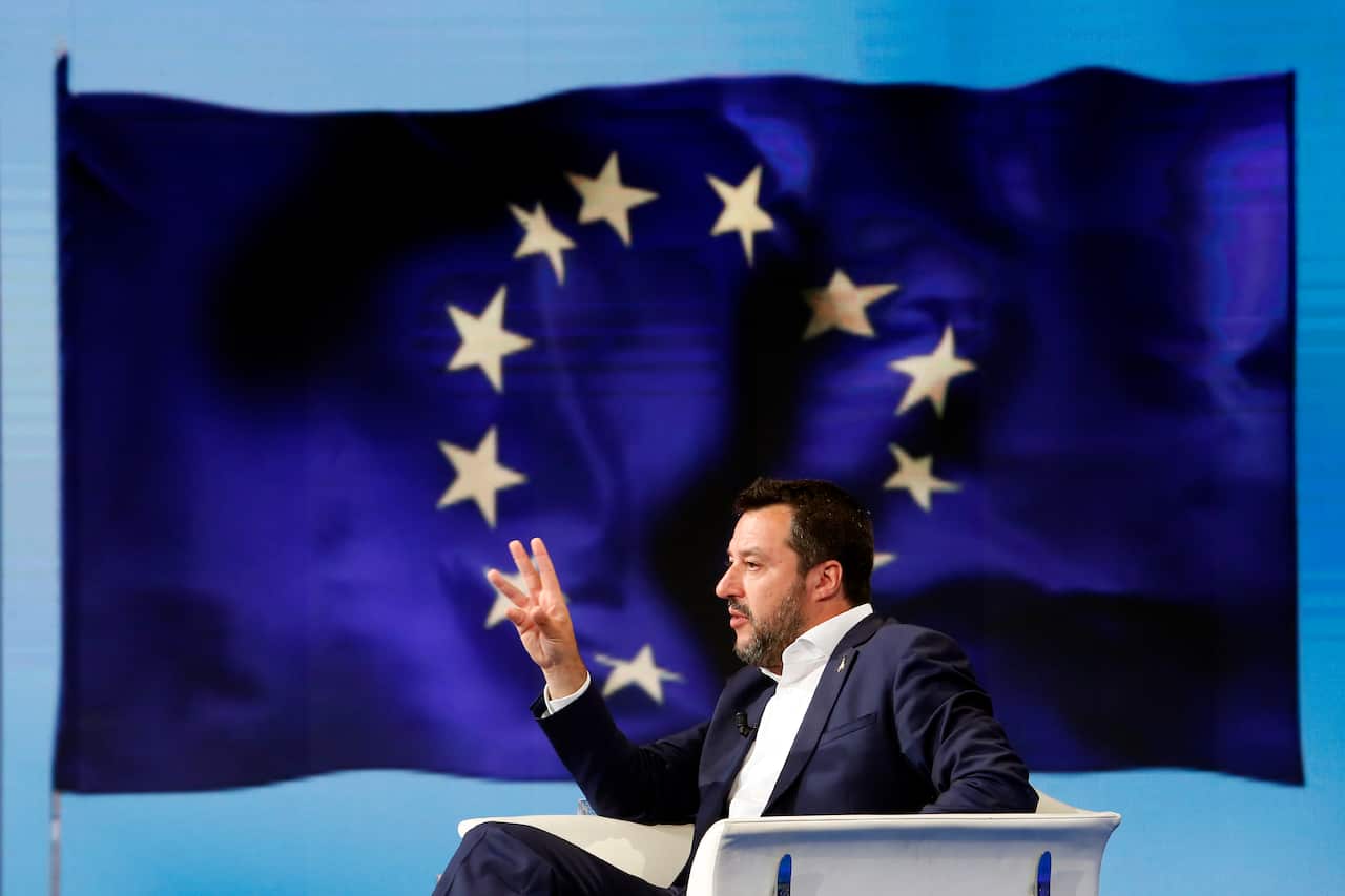 Matteo Salvini and on the video a flag of EURome May 27th 2019. Italian Vice-Premier Matteo Salvini appears as a guest during the talk show Porta a Porta to talk about the European elections.(Photo Samantha Zucchi /Insidefoto/Sipa USA) .