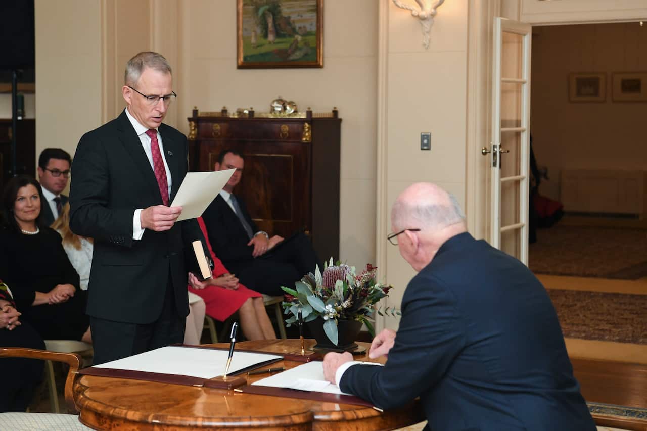Australian Governor-General Sir Peter Cosgrove with Minister for Communications, Cyber Safety and the Arts Paul Fletcher swearing in at Government House.