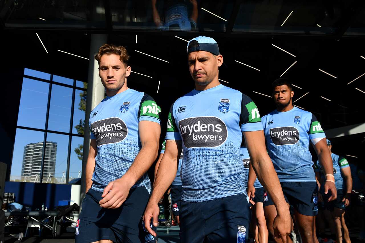NSW Blues player Cameron Murray (left) and Cody Walker take part in a team training session in Sydney, Monday, June 3, 2019. (AAP Image/Joel Carrett) NO ARCHIVING