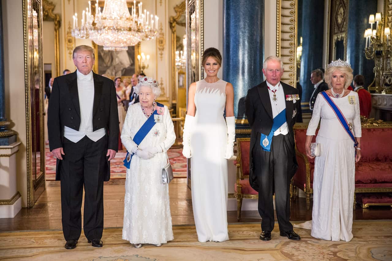 Donald Trump, Queen Elizabeth II, Melania Trump, the Prince of Wales and the Duchess of Cornwall.