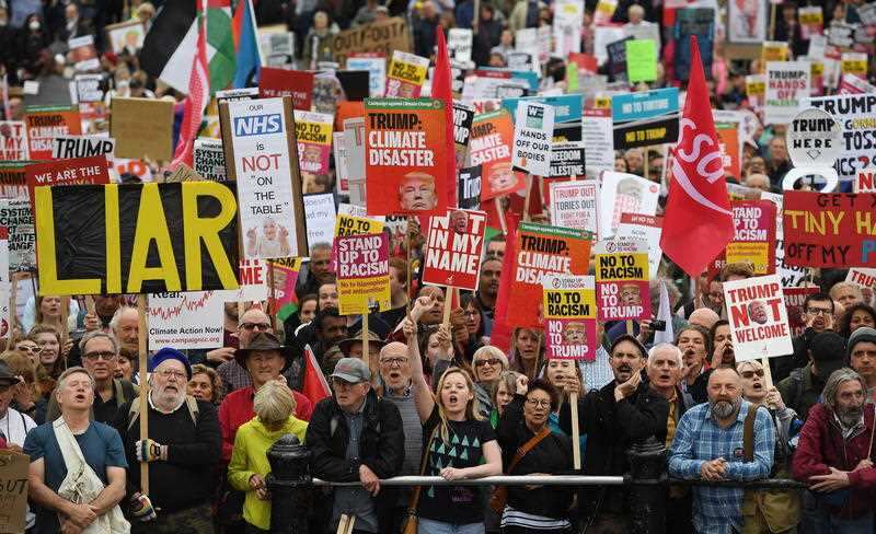 Demonstrators in Trafalgar Square during anti Trump protests in London