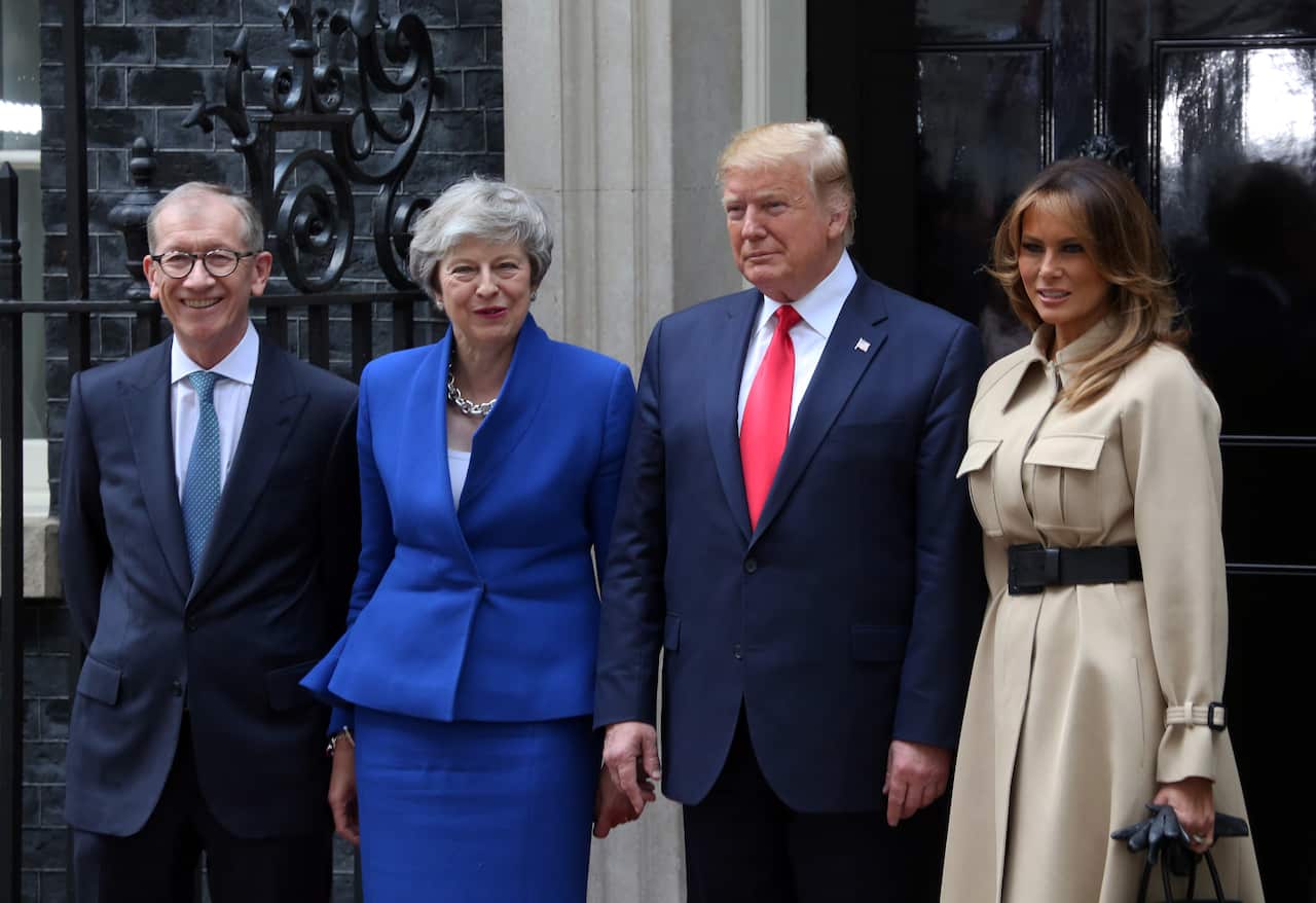 (L to R) Philip May, British Prime Minister Theresa May, US President Donald Trump and US First Lady Melania Trump visit number 10 Downing Street as part of Donald Trump official state visit to the UK. (Photo by Brett Cove / SOPA Images/Sipa USA).