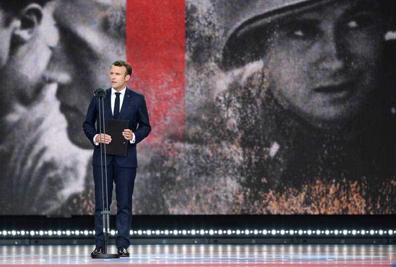 French President Emmanuel Macron speaking during the commemorations for the 75th Anniversary of the D-Day landings