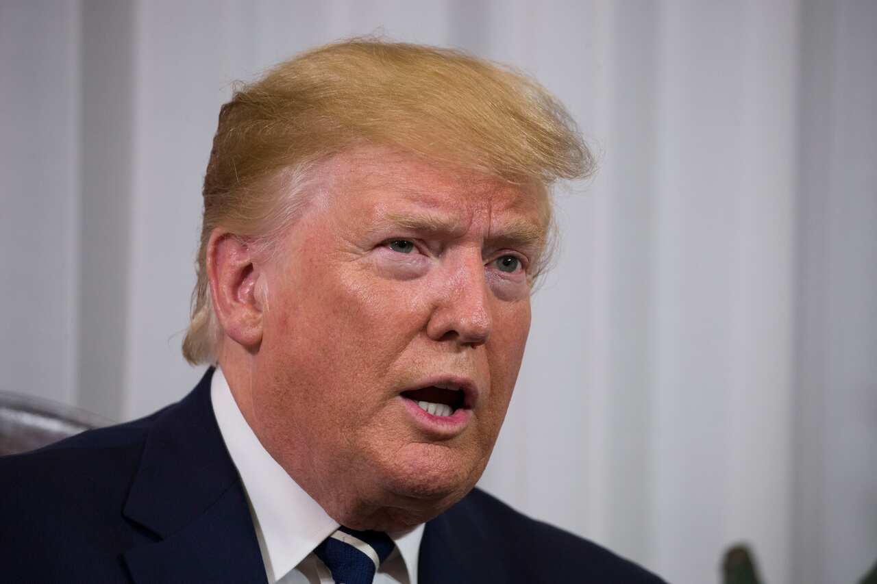 US President Donald Trump speaks before a meeting with Irish Prime Minister Leo Varadka.