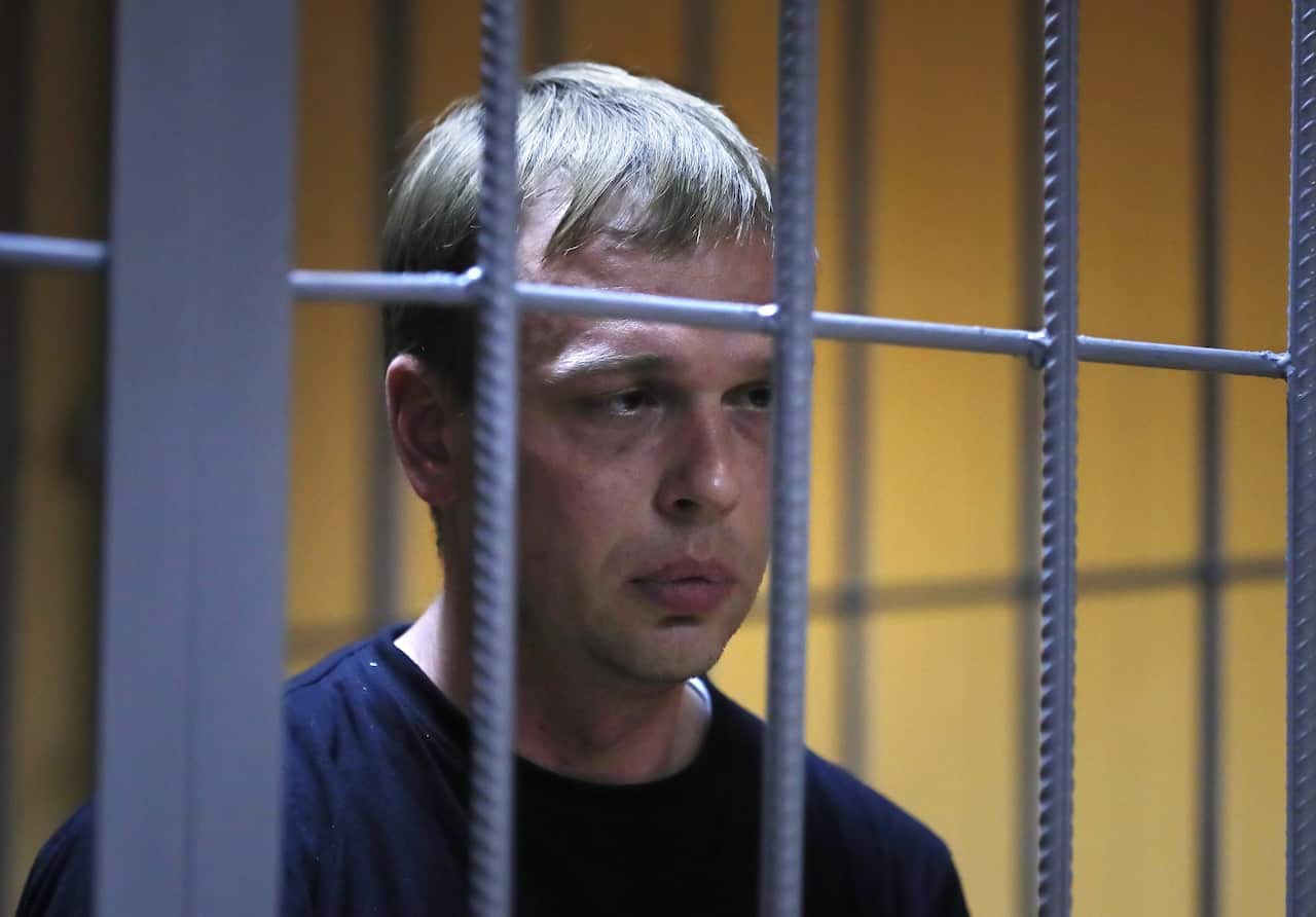 Meduza news project journalist Ivan Golunov attends pre-trial court hearing at Nikulinsky court in Moscow.