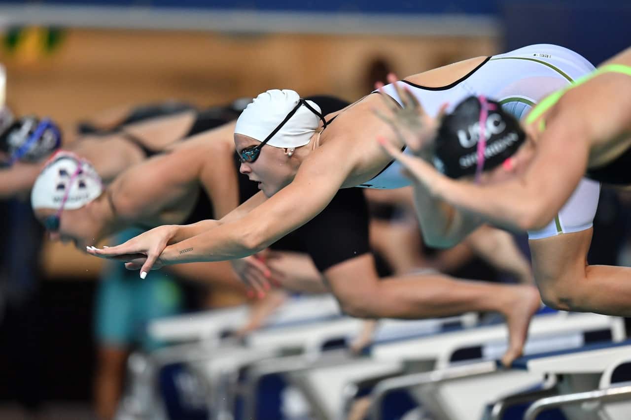 Australian swimmer Shayna Jack (centre) at the Brisbane Aquatic Centre in Brisbane.