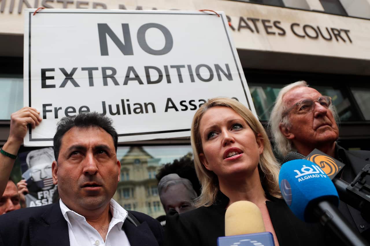 Jennifer Robinson, lawyer of WikiLeaks founder Julian Assange, addresses the media at Westminster Magistrates Court in London, Friday, June 14, 2019.