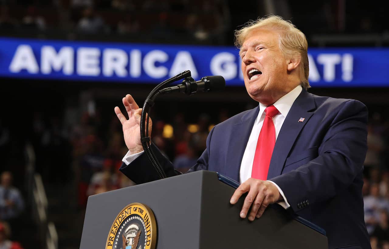 President Donald Trump delivers remarks at Amway Center in Orlando, Fla., on Tuesday, June 18, 2019, during his 2020 campaign kick-off rally. (Photo by Joe Burbank/Orlando Sentinel/TNS/Sipa USA).