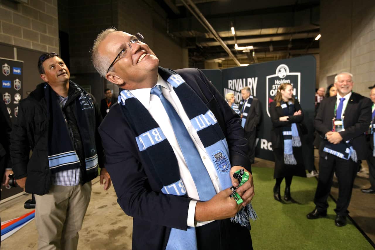 Prime Minister Scott Morrison is seen after the Blues won Game 2 of the 2019 State of Origin series.