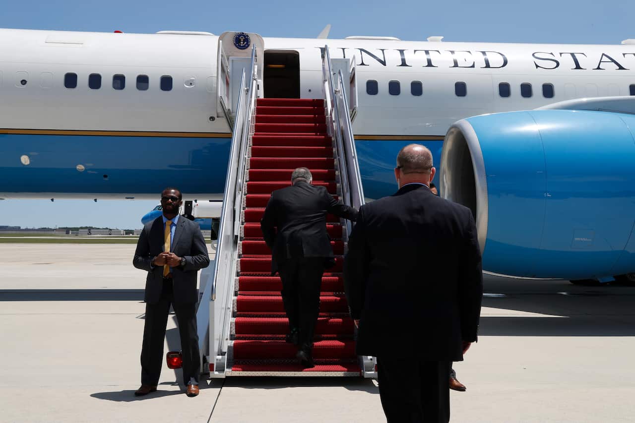 Secretary of State Mike Pompeo boards a plane headed to Jeddah, Saudi Arabia.