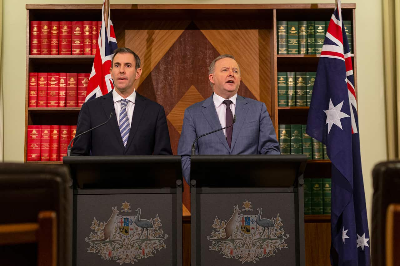 Shadow Treasurer Jim Chalmers and Opposition leader Anthony Albanese speak in Melbourne.