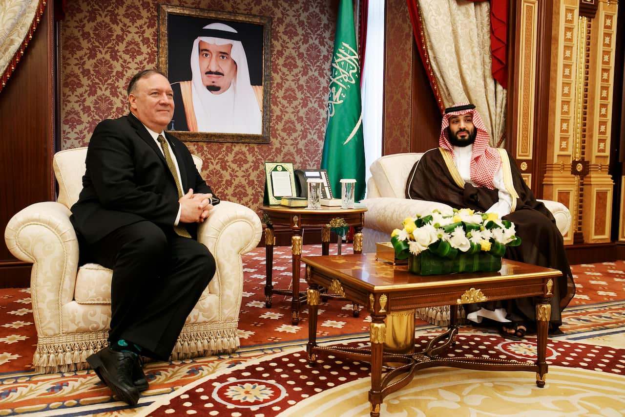 Secretary of State Mike Pompeo meets with Saudi Arabia's Crown Prince Mohammed bin Salman, at Al Salam Palace in Jeddah, Saudi Arabia, Monday, June 24, 2019. (AP Photo/Jacquelyn Martin, Pool)