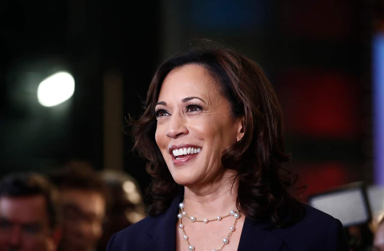 Democratic presidential candidate Sen. Kamala Harris, D-Calif., listens to questions after the Democratic primary debate hosted by NBC News at the Adrienne Arsht Center for the Performing Art, Thursday, June 27, 2019, in Miami. (AP Photo/Brynn Anderson)