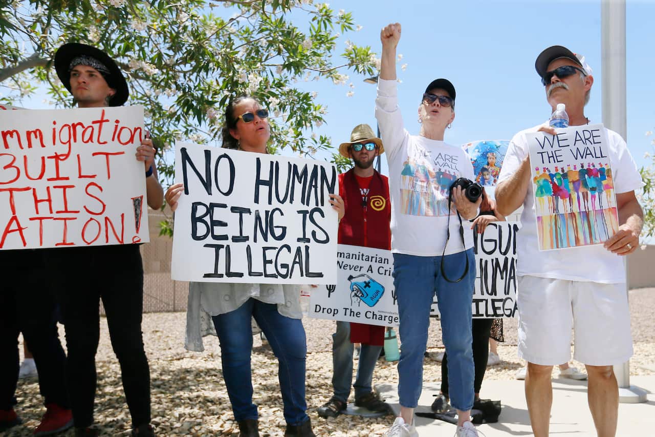 Protesters gather at the front of the Clint Border Patrol station Monday, July 1.