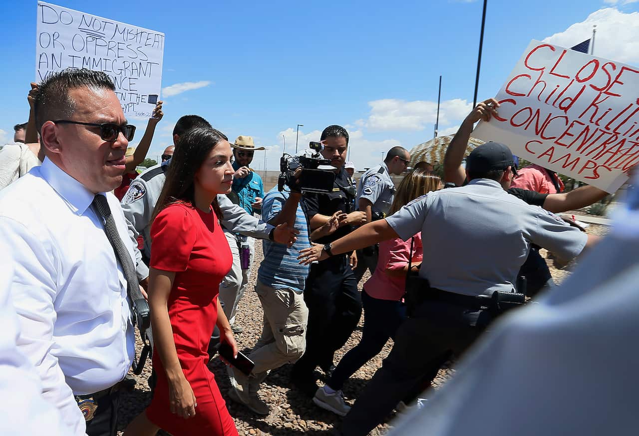 U.S. Rep. Alexandria Ocasio-Cortez, D-New York,  at the Border Patrol station in Clint about what she saw at area border facilities Monday, July 1.