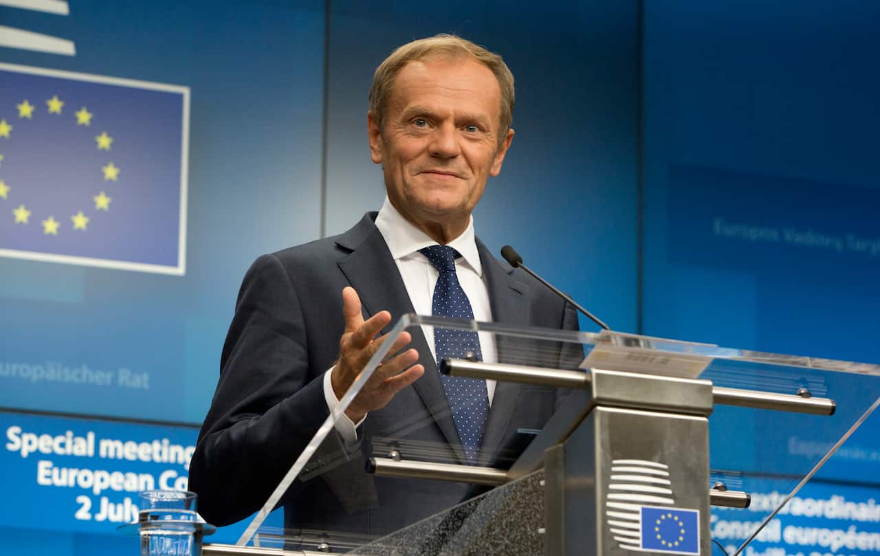 European Council President Donald Tusk speaks during a media conference at an EU summit in Brussels.