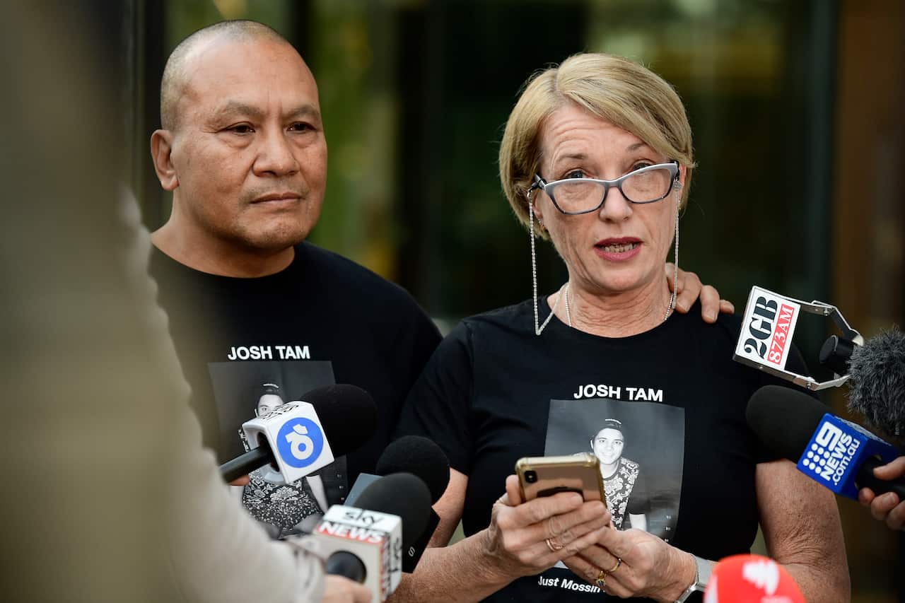 Joshua's parents John and Julie Tam speak to media outside The Coroner's Court of New South Wales during the inquest. 