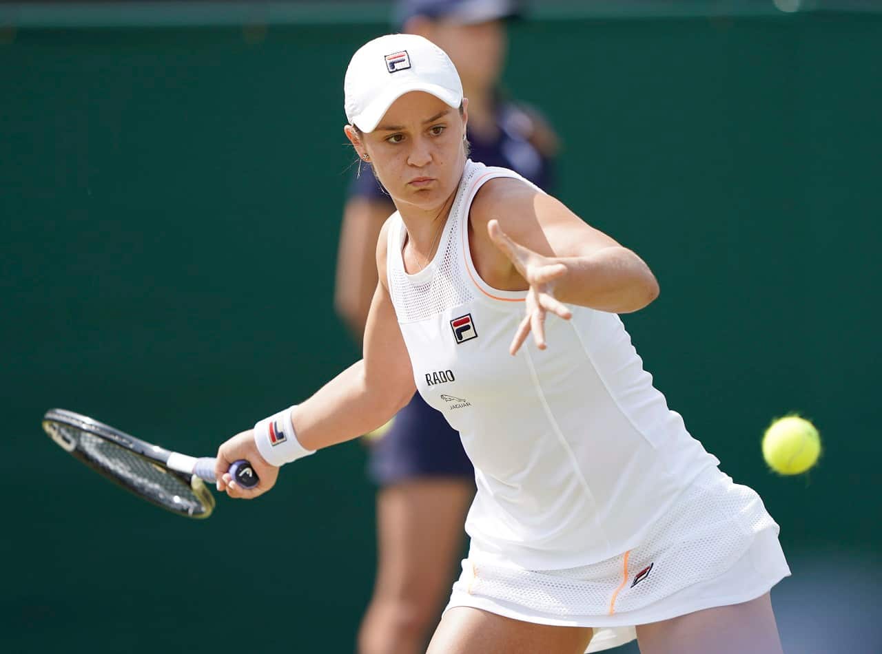 Ashleigh Barty hits a ball during the ladies singles fourth round.