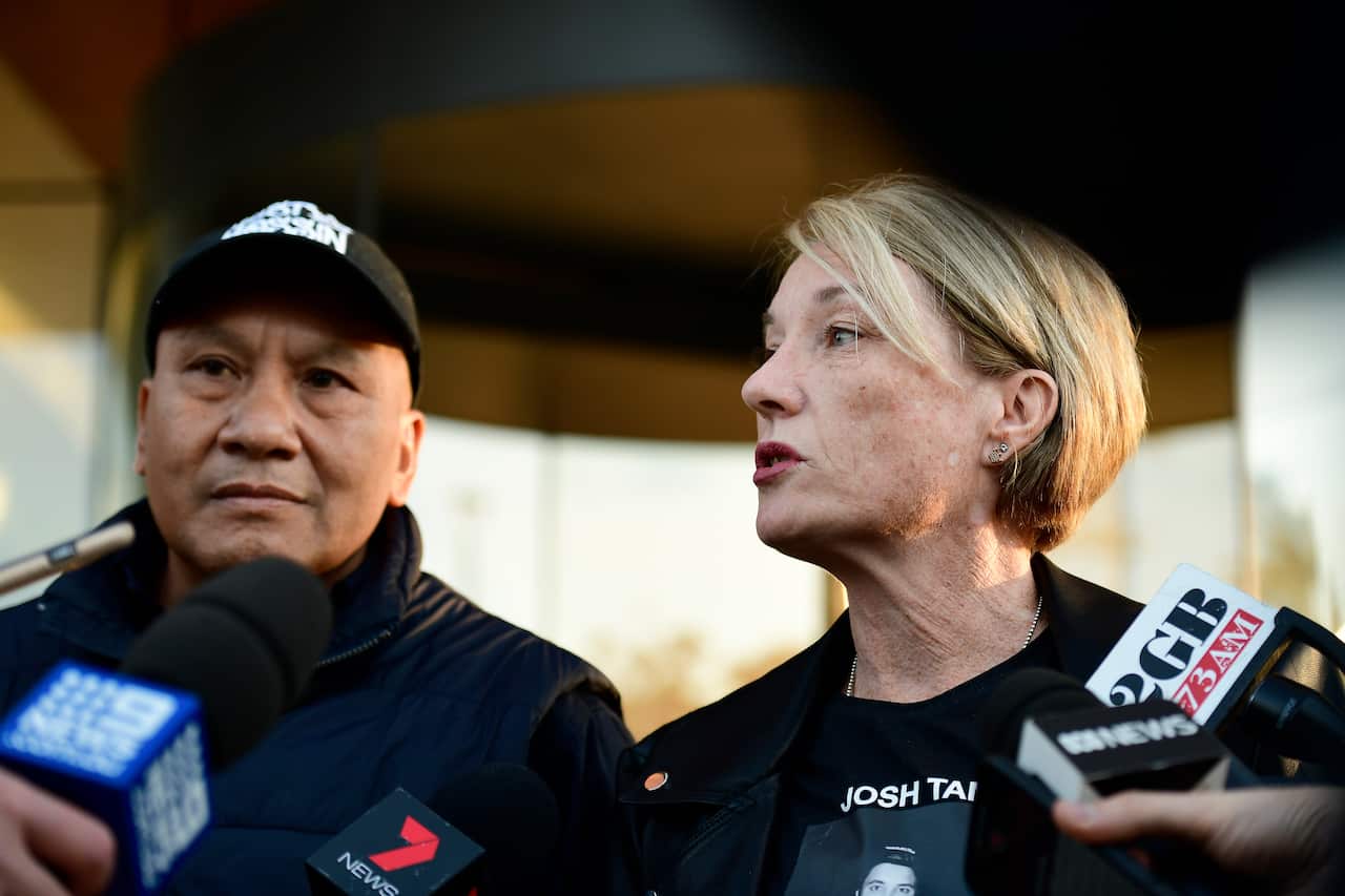 John and Julie Tam, parents of Joshua Tam  who died at Lost Paradise music festival in 2018, speak to the media outside of The Coroner's Court of NSW.