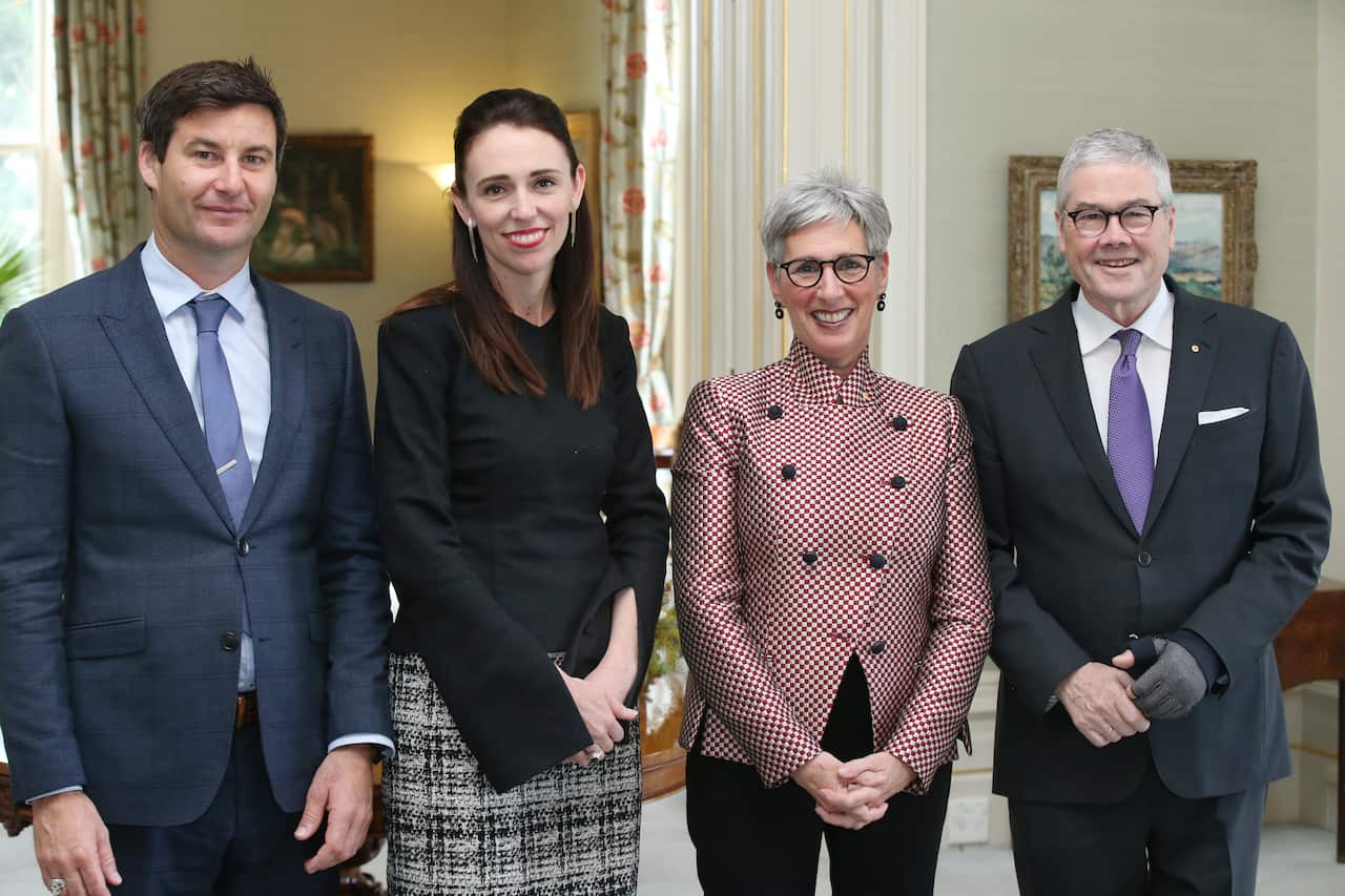 New Zealand Prime Minister Jacinda Ardern  with partner Clarke Gayford, Governor of Victoria Linda Dessa and Anthony Howard at Melbourne's Government House.