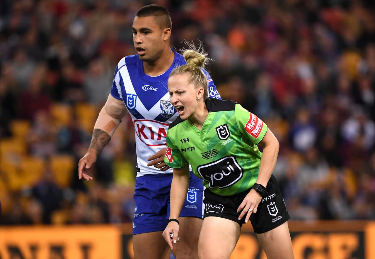 Referee Belinda Sharpe is seen during the Round 18 NRL match between the Brisbane Broncos and the Canterbury Bulldogs at Suncorp Stadium in Brisbane, Thursday, July 18, 2019. Sharpe is the first female in the history of the NRL to referee, after she was a
