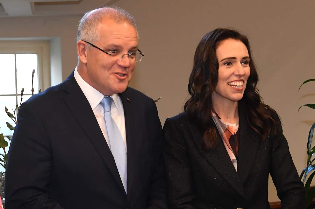 Prime Minister of Australia Scott Morrison (left) and Prime Minister of New Zealand Jacinda Ardern are seen at at 4 Treasury Place in Melbourne, Friday, July 19, 2019. (AAP Image/Julian Smith) NO ARCHIVING