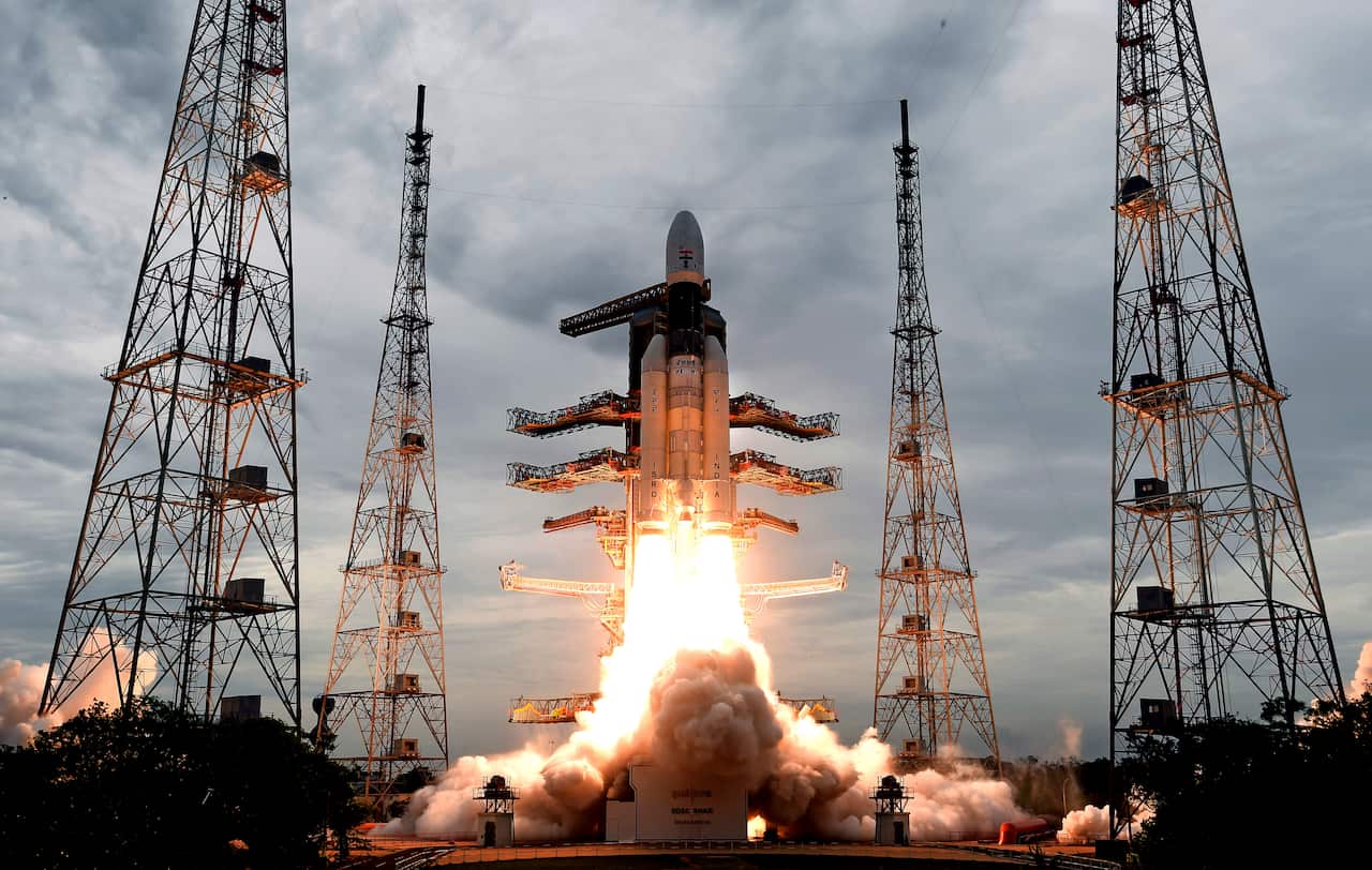 The Geosynchronous Satellite launch Vehicle (GSLV) MkIII carrying Chandrayaan-2 in lift off.