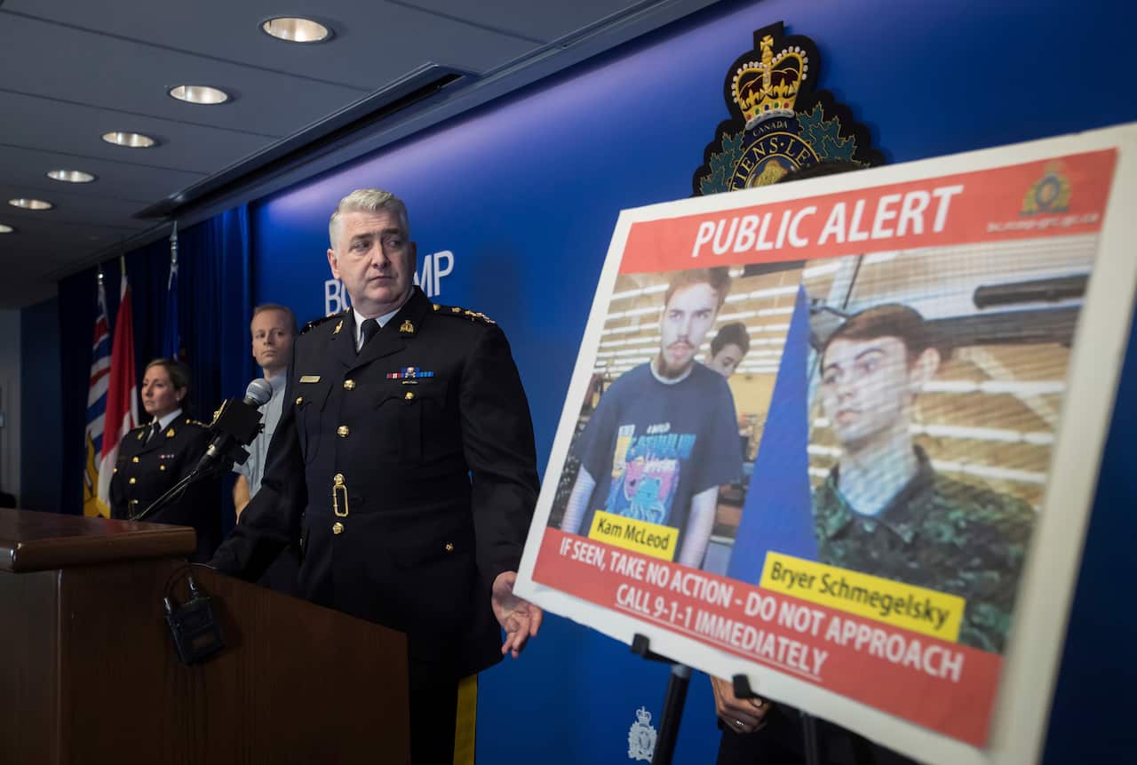 Security camera images recorded in Saskatchewan of Kam McLeod, 19, and Bryer Schmegelsky, 18, are displayed at a police media conference.