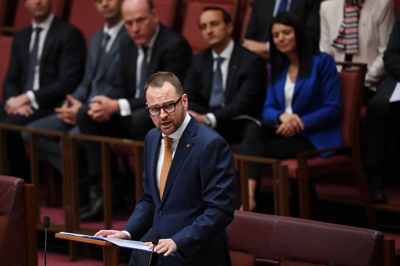 Liberal Senator for NSW Andrew Bragg delivers his first speech in the Senate chamber at Parliament House in Canberra.