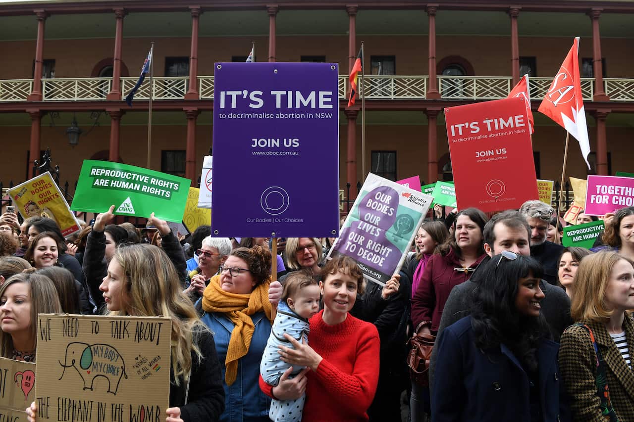 "It's time": Pro-choice advocates rally outside NSW Parliament following the announcement of the bill.
