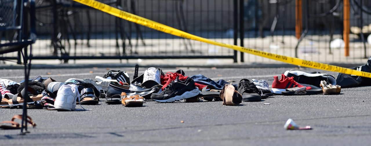 Shoes scattered on the ground at the scene of a shooting in the Oregon District of Dayton, Ohio.