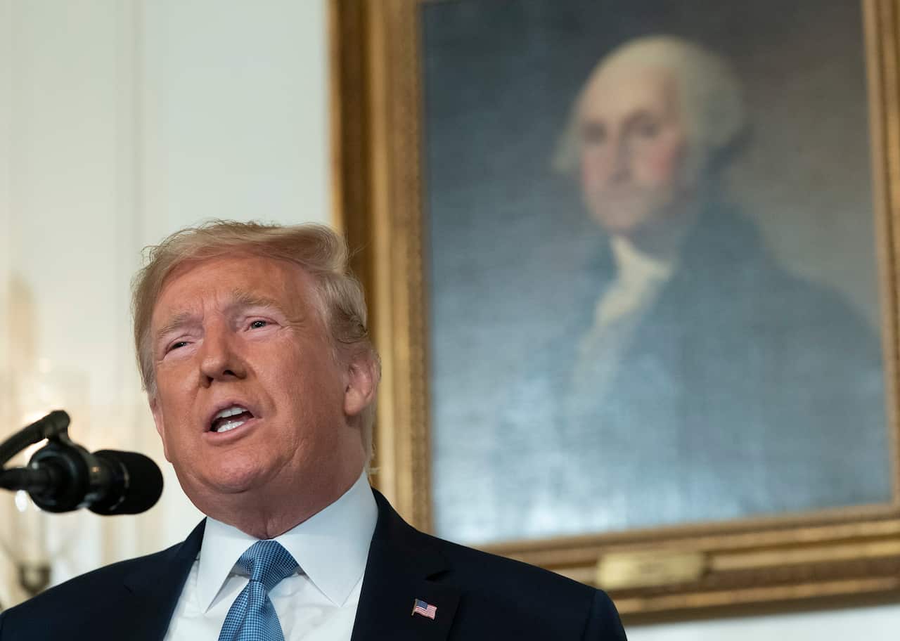 United States President Donald J. Trump makes a statement at the White House in Washington, DC in response to two separate shooting incidents, August 5, 2019. Credit: Chris Kleponis / Sipa USA.