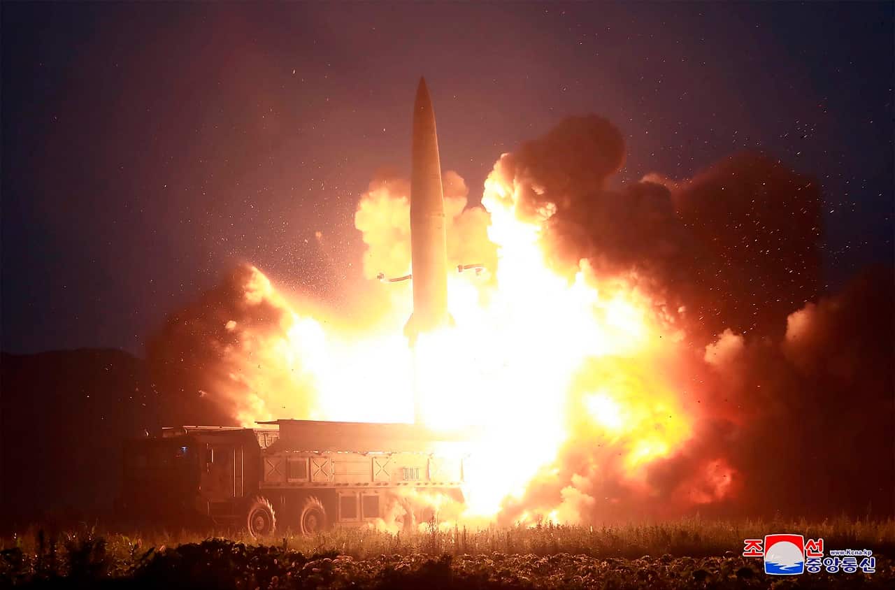 A photo provided by the North Korean government shows what it says the launch of a new-type tactical guided missile.