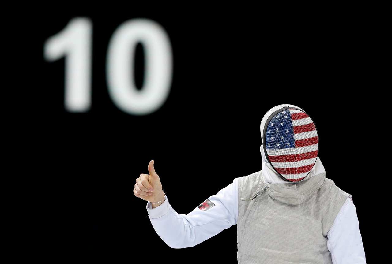 US fencer Race Imboden gives a thumbs up during his semifinal match at the Pan American Games in Lima, Peru.