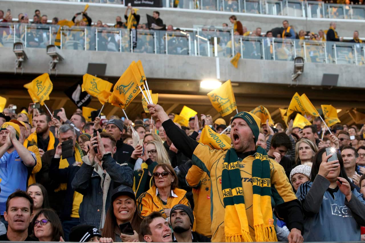 Wallabies supporters are seen during the Bledisloe Cup match between between the Australian Wallabies and the New Zealand All Blacks in Perth