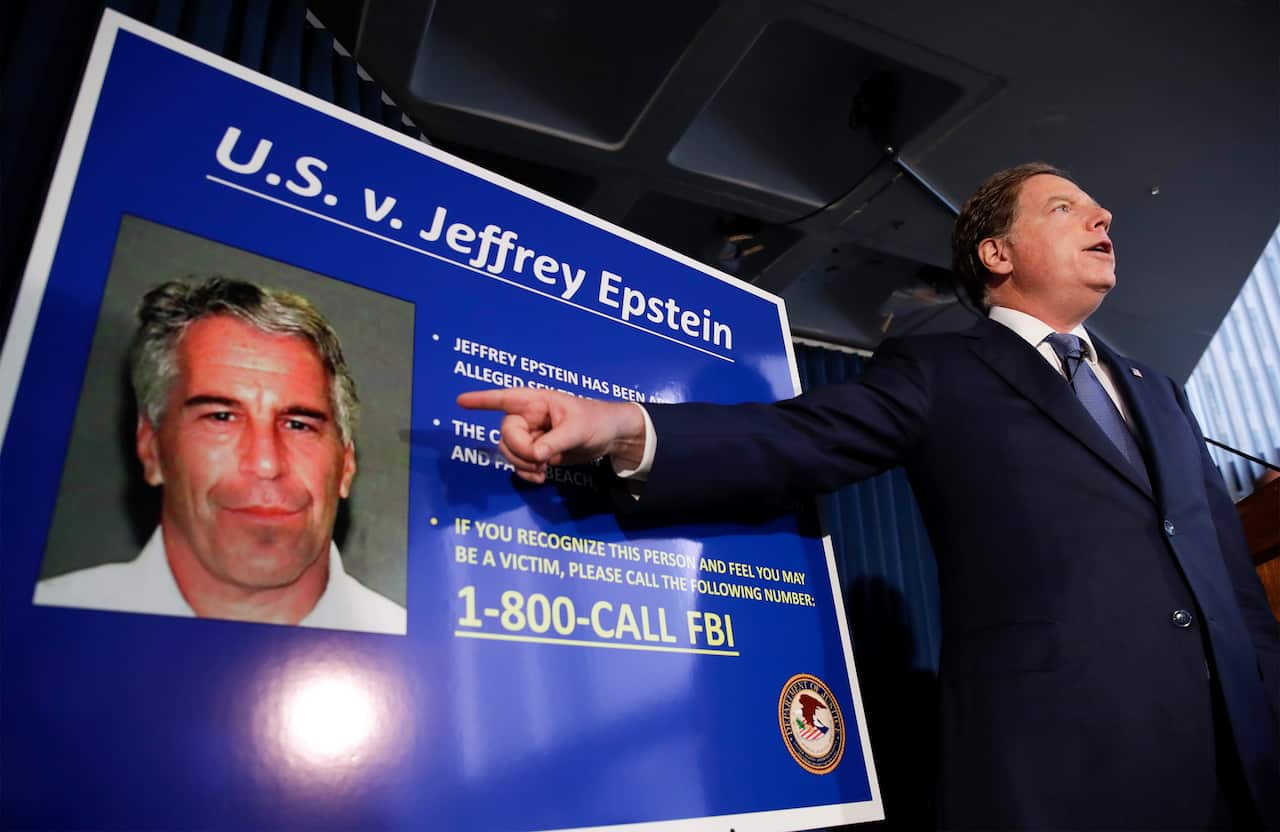 United States AttorneyGeoffrey Berman (R) during a news conference about the arrest of American financier Jeffrey Epstein in New York, USA, 08 July 2019
