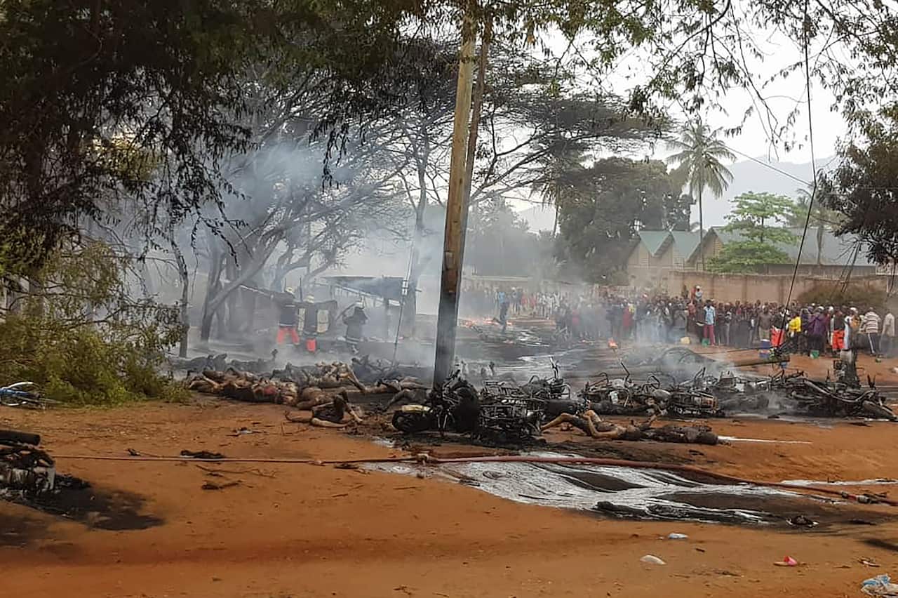 The scene of a fuel tanker explosion in the Morogoro region of Tanzania