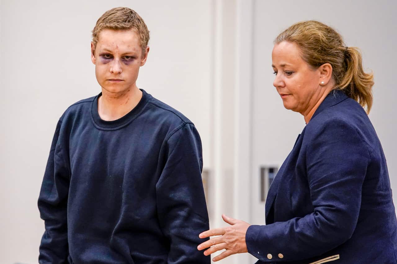 Terror charged Philip Manshaus (L) and his lawyer Unni Fries appear in court hearing, 12 August, 2019.