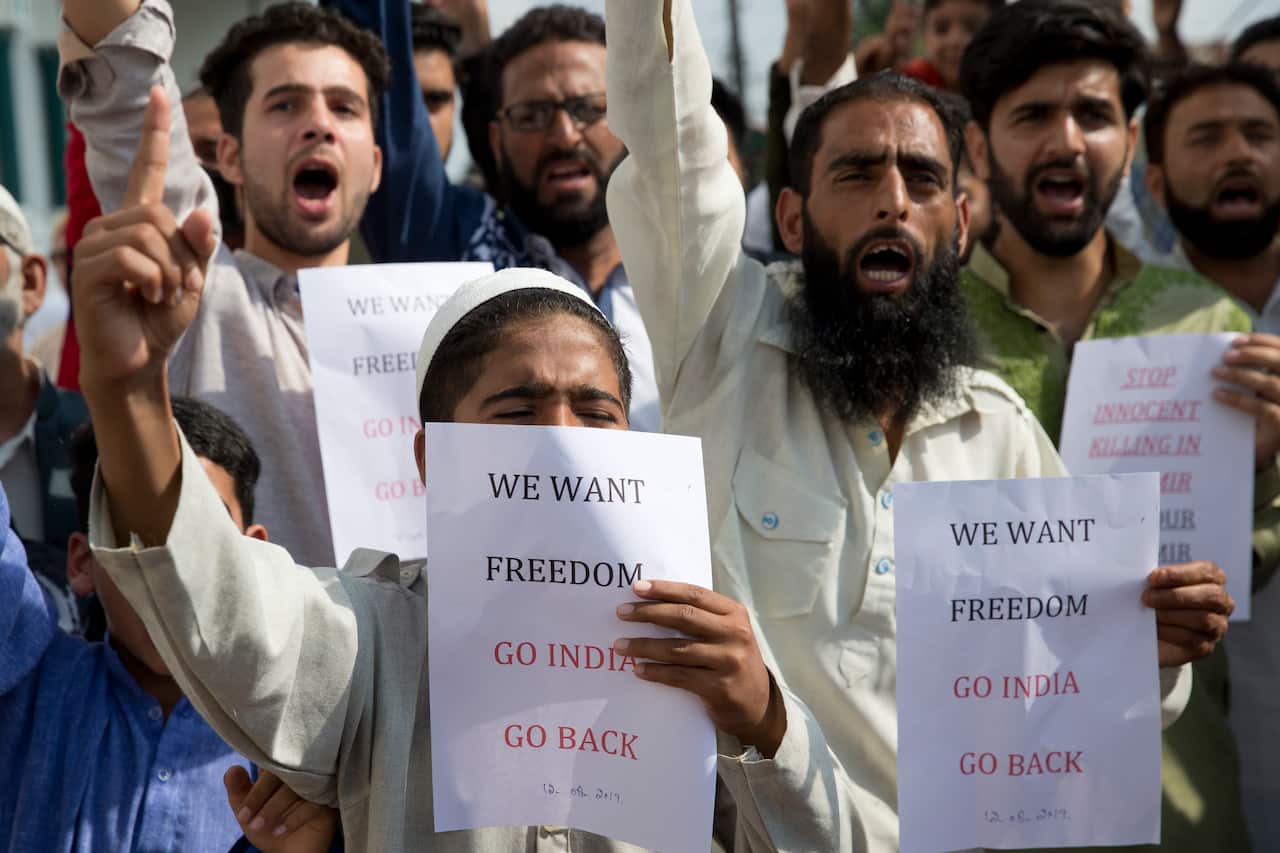 "We want freedom": protesters shout slogans in Srinagar.
