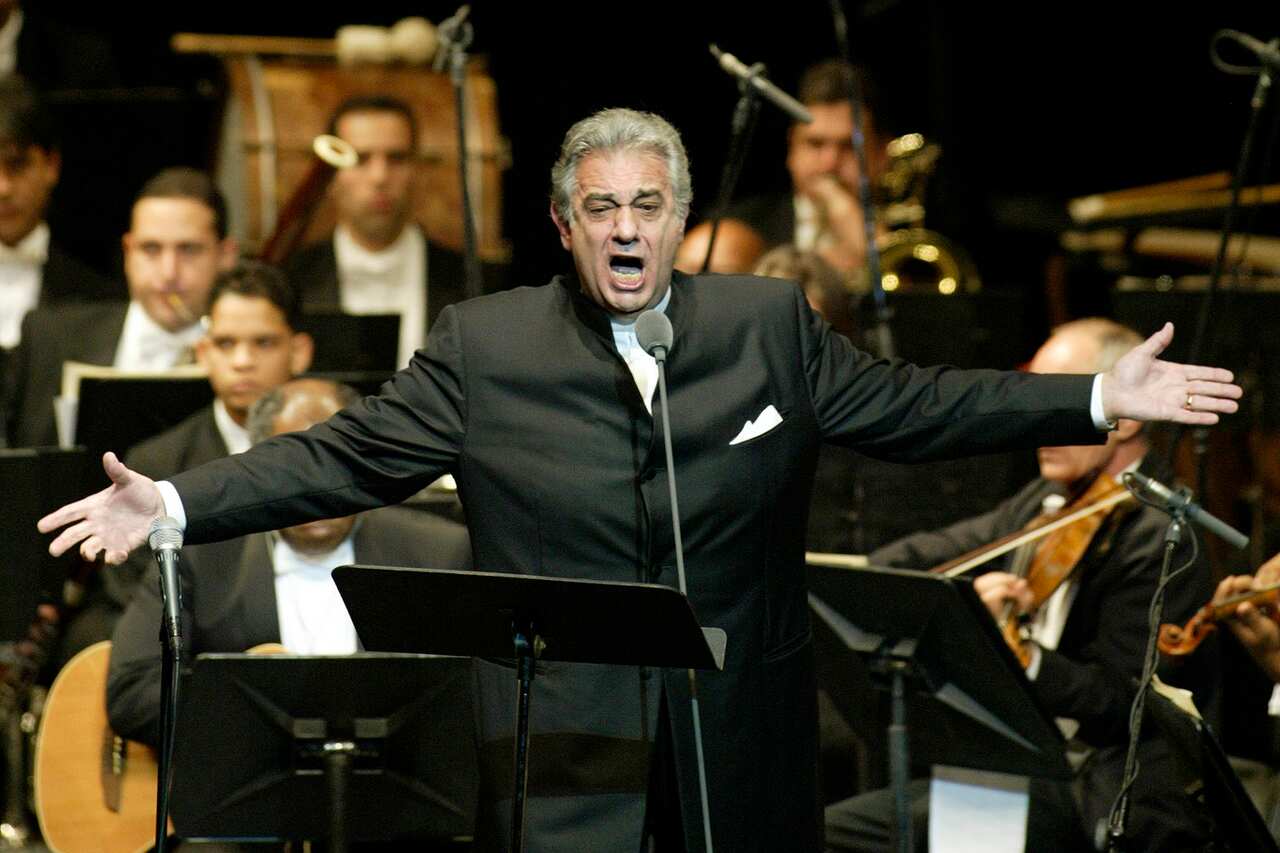 Placido Domingo sings during his performance at the National Theater in Santiago, Dominican Republic in 2004