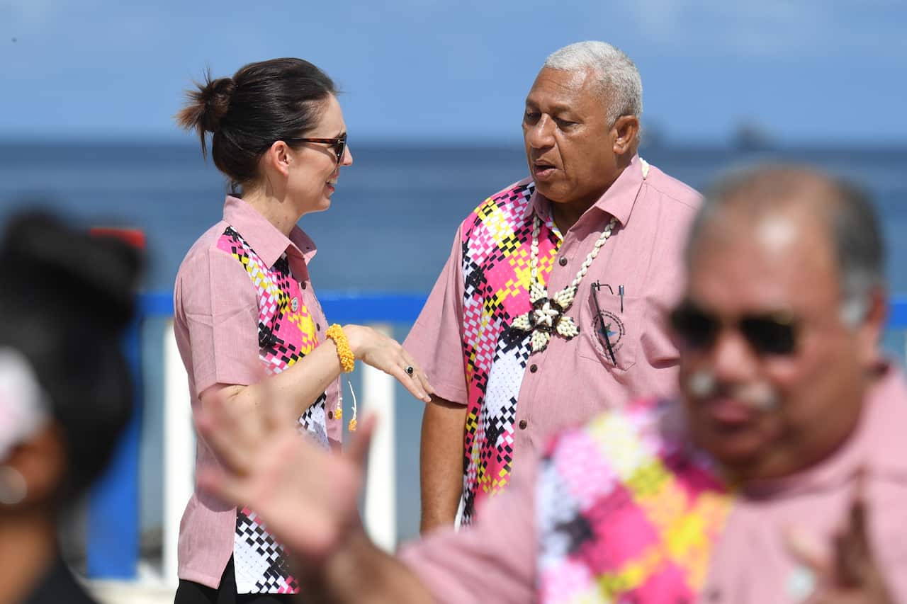 New Zealand's Prime Minister Jacinda Ardern and Fiji's Prime Minister Frank Bainimarama at the Pacific Islands Forum.